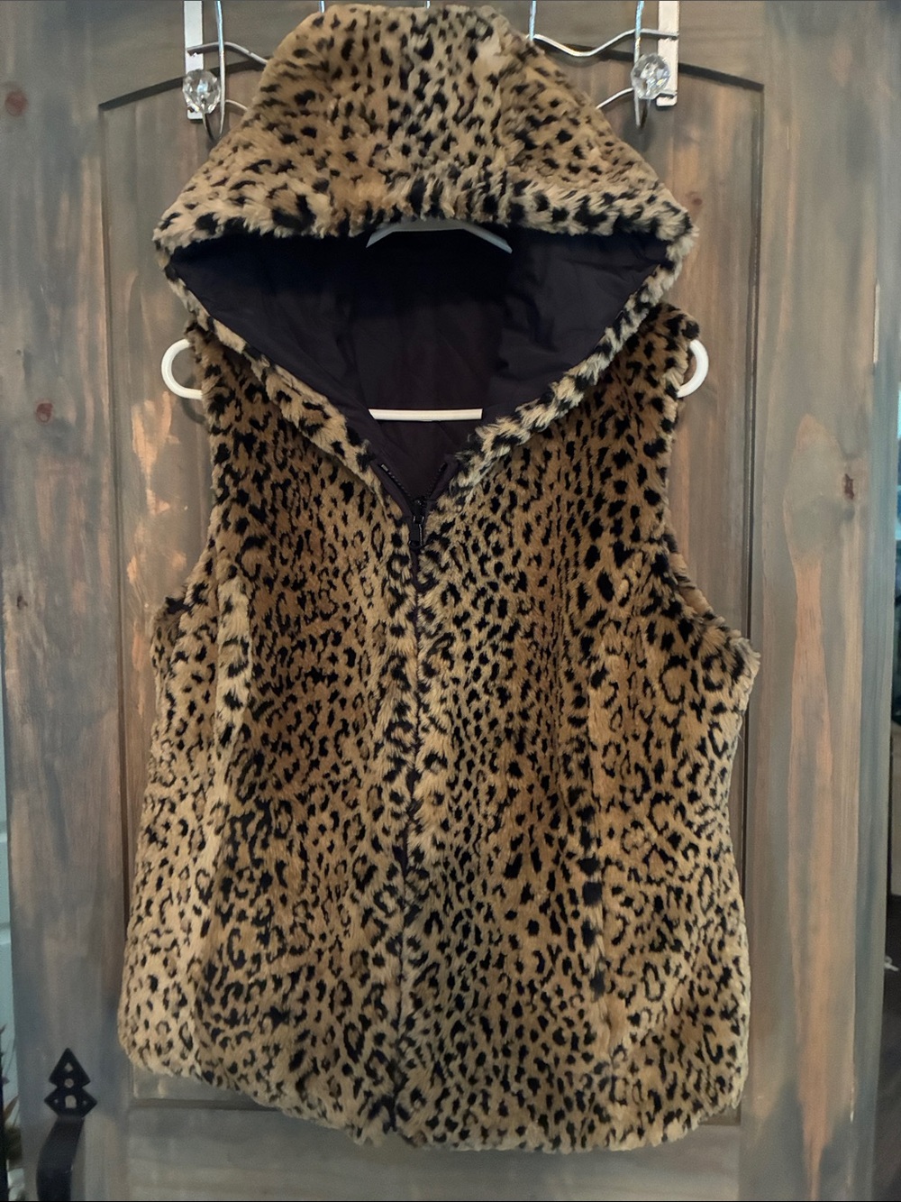 Kristen Blake Reversible Faux Fur Leopard Print Hooded Vest - Brown/Black
